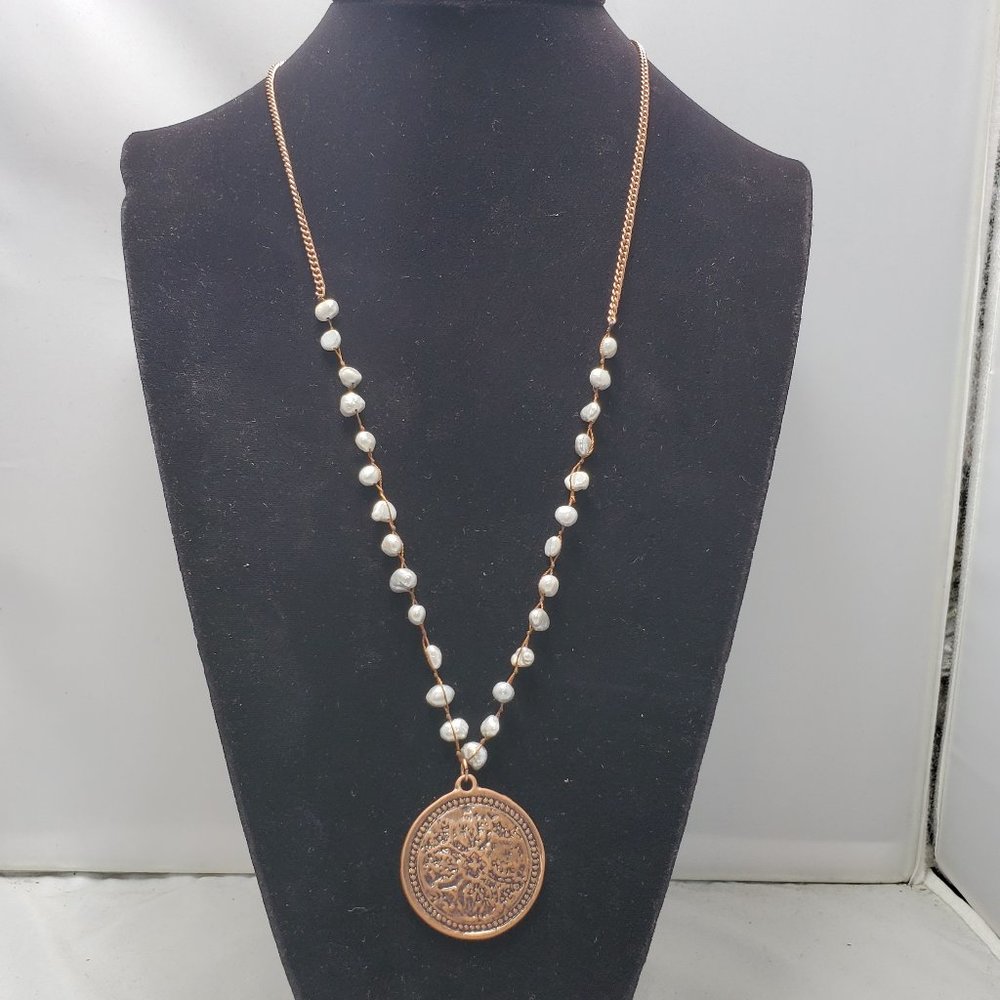 BKE copper brass pendant coin  necklace with baroque pearls